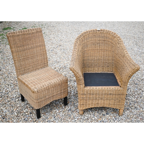 498 - A set of eight woven wicker dining chairs on ebonised legs to/w a pair of wicker tub chairs (10)