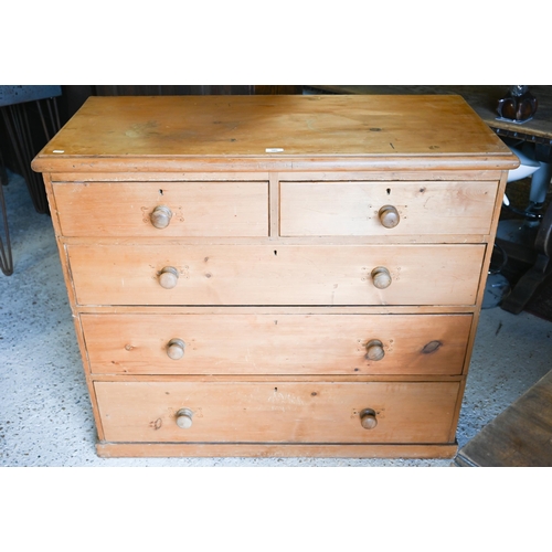 505 - An antique waxed pine chest of two short over three long drawers, 105 x 46 x 92 cm h