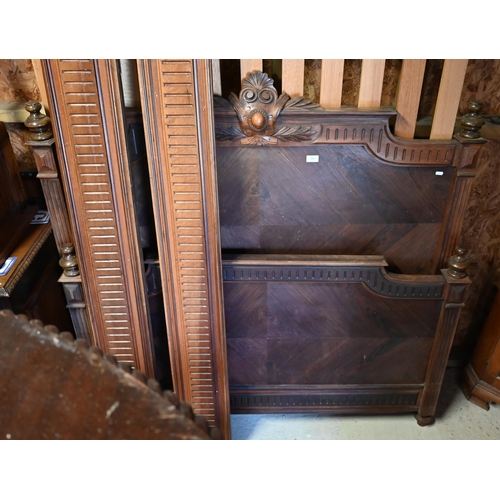 520 - A French carved and panelled rosewood double bed frame, 140 cm wide - headboard, footboard, pair sid... 