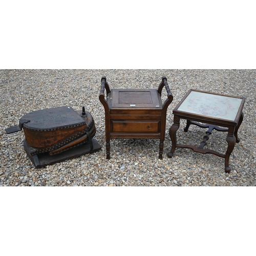 559 - # Hardwood stool commode to/w large oak Fire Service foot bellows and occasional table with floral p... 