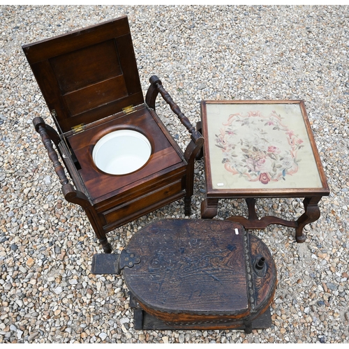 559 - # Hardwood stool commode to/w large oak Fire Service foot bellows and occasional table with floral p... 