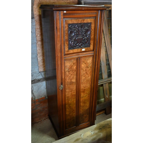 561 - A Victorian mahogany and burr walnut hall cupboard on bun feet, 70 cm wide x 60 cm deep x 195 cm hig... 