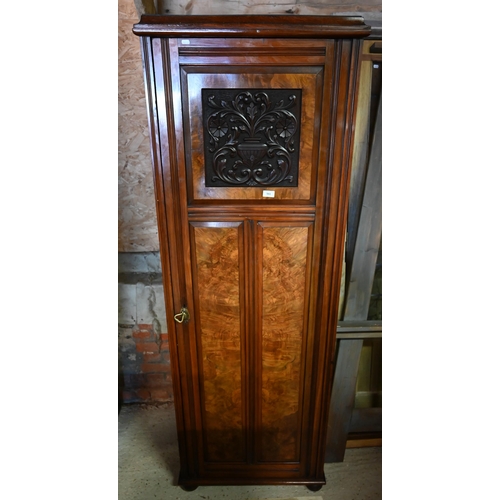 561 - A Victorian mahogany and burr walnut hall cupboard on bun feet, 70 cm wide x 60 cm deep x 195 cm hig... 