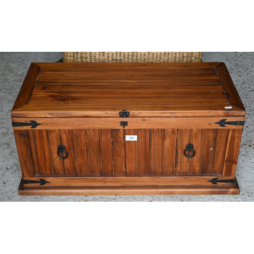 564 - A stained hardwood metal mounted trunk, 75 cm wide x 36 cm deep x 35 cm high