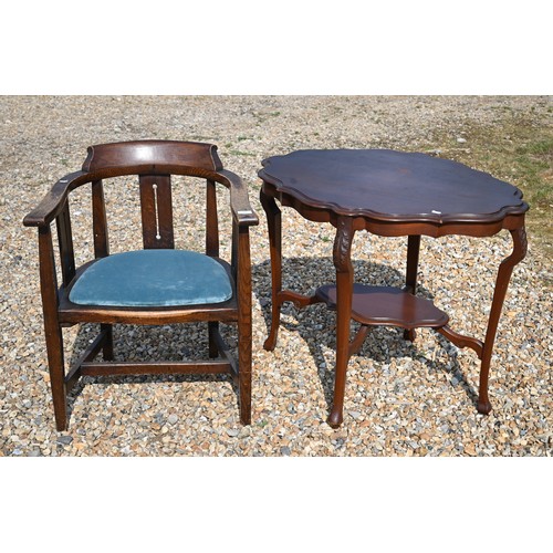 322 - # An oak framed elbow chair to/w an  Edwardian small centre table with under-tier (2)... 