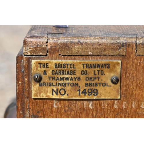 494 - # Early 20th century oak two drawer index card table top chest with 'The Bristol Tramways & Carr... 