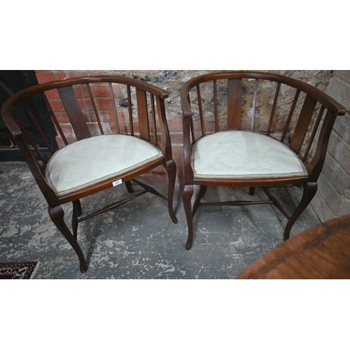 421 - Pair of Edwardian bow back elbow chairs with green damask padded seats