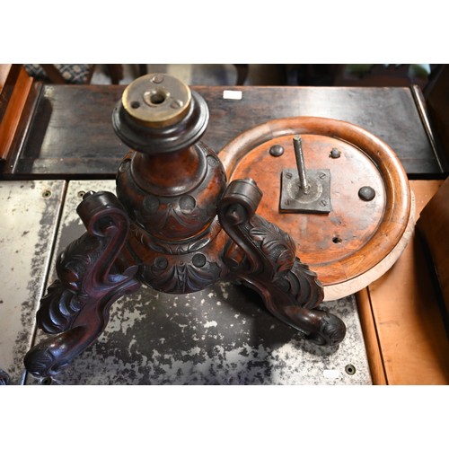 504A - A Victorian carved rosewood piano stool with champagne damask covered revolving seat a/f