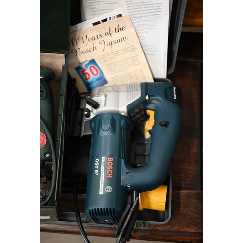 80 - A Bosch GST (50 year celebration model) 110v jigsaw with case, blades and manuals (little/unused) to... 