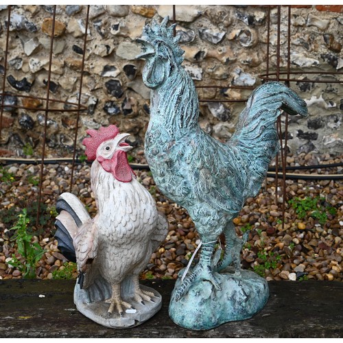 56 - A large verdigris patinated cast metal cockerel, 67 cm h and composite painted cockerel (a/f) (2)