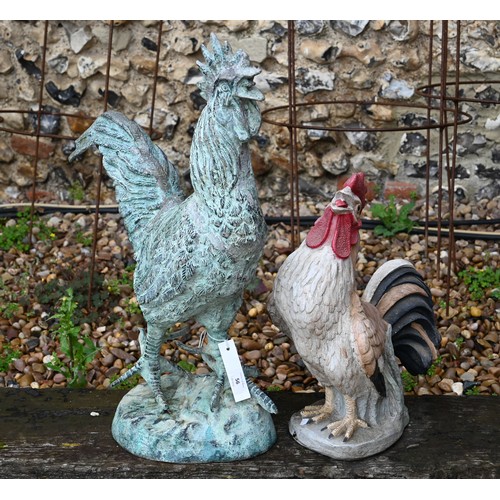 56 - A large verdigris patinated cast metal cockerel, 67 cm h and composite painted cockerel (a/f) (2)