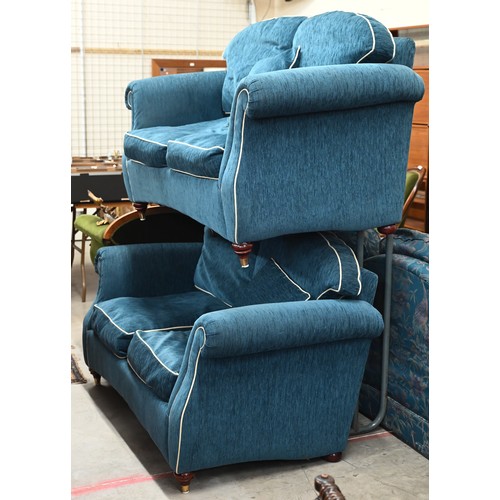 400A - # A pair of scroll arm sofas, blue chenille cream piped upholstery, 160 cm w x 90 cm d x 90 cm h (2)... 