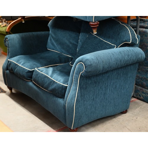 400A - # A pair of scroll arm sofas, blue chenille cream piped upholstery, 160 cm w x 90 cm d x 90 cm h (2)... 