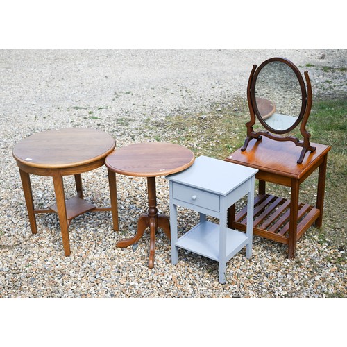 472 - # Two circular oak occasional tables to/w a grey painted bedside table, a square lamp table stained ... 