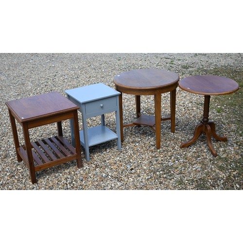 472 - # Two circular oak occasional tables to/w a grey painted bedside table, a square lamp table stained ... 