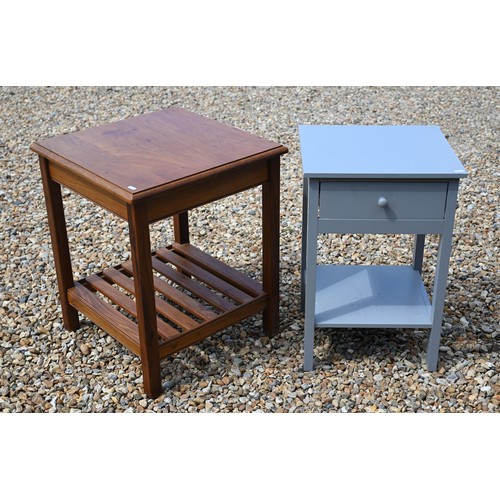 472 - # Two circular oak occasional tables to/w a grey painted bedside table, a square lamp table stained ... 