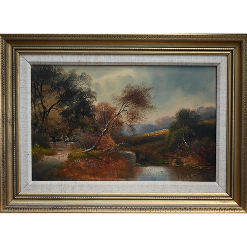 253 - G Harris - A pair of autumnal landscapes, oil on board, signed, 18 x 29 cm (2)