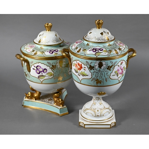 140 - Two early 19th century turquoise-ground and gilt covered urns, the reserves painted with floral spec... 