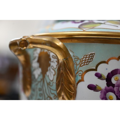 140 - Two early 19th century turquoise-ground and gilt covered urns, the reserves painted with floral spec... 