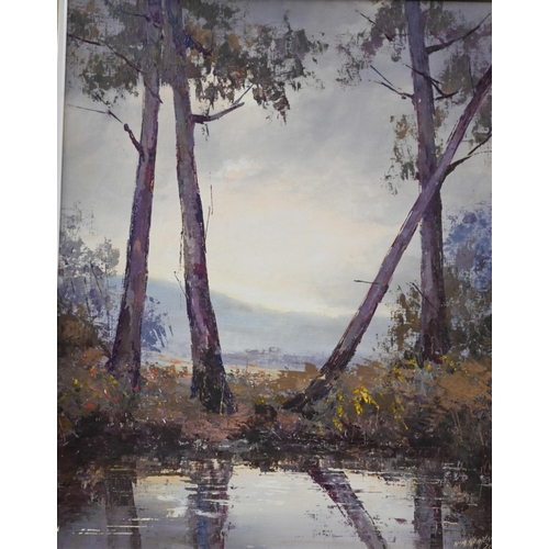 270 - Kim Kortland - Australian woodland pool, oil on board, signed, 54 x 44 cm