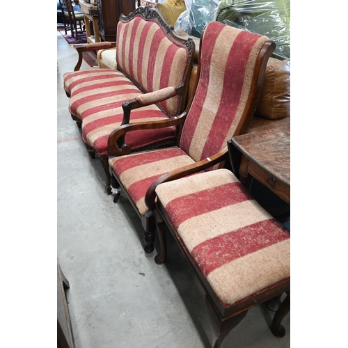 354 - An Edwardian moulded walnut framed three seat salon sofa to/w a Victorian salon open armchair and a ... 