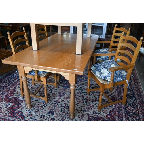 364 - A modern Golden Oak rectangular dining table on turned legs, 90 x 170 x 77 cm high to/w four ladderb... 