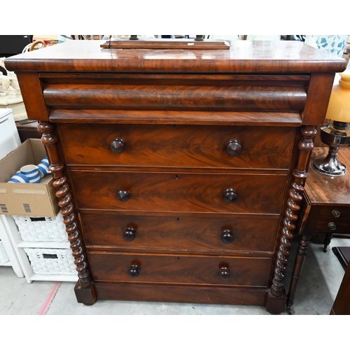 386 - A Victorian mahogany chest with cushion moulded top drawer over four standard drawers between barley... 