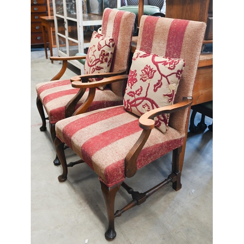 389 - Pair of mahogany framed Gainsborough style open armchairs with red striped upholstery, each with a f... 