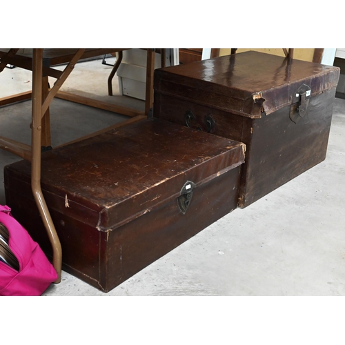 425 - # Antique Chinese leather covered trunk with brass handles and clasp, 74 cm wide x 48 cm deep x 46 c... 