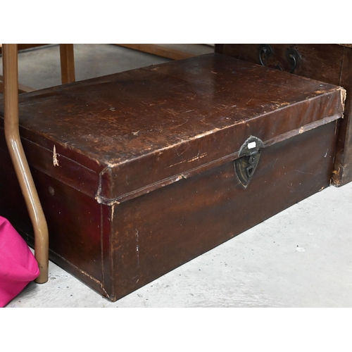 425 - # Antique Chinese leather covered trunk with brass handles and clasp, 74 cm wide x 48 cm deep x 46 c... 