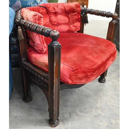 430 - A Burmese hardwood open armchair with canes and turned frame, 70 cm w x 66 cm d x 66 cm h