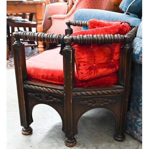 430 - A Burmese hardwood open armchair with canes and turned frame, 70 cm w x 66 cm d x 66 cm h