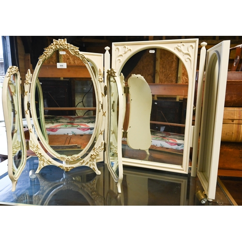 305 - An off-white and gilt folding three panel table top dressing mirror, to/w a white triptych dressing ... 