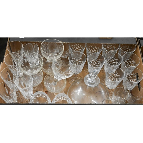 A Baccarat glass ship's decanter and six glasses, to/w ten cut wine glasses, six champagne flutes and various other decanters, glasses, vases etc (2 boxes)