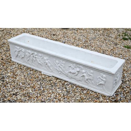 12 - An antique style marble trough planter with relief cut frieze depicting a procession of frolicking c... 