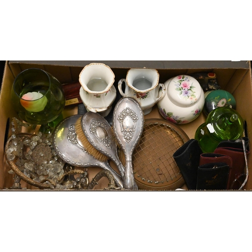 123 - A silver three piece brush set and various ceramics, glass, Lilliput Lane cottages, Poole pottery do... 