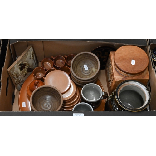 131 - Three boxes of studio pottery and stoneware ornamental and useful tableware, to/w a Noritake tea set... 