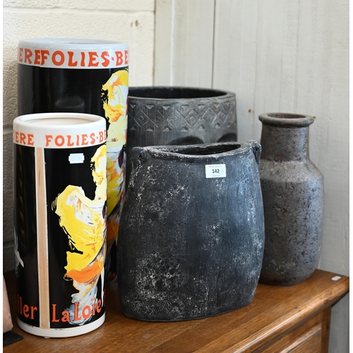 142 - Three earthenware grey-painted vases and two cylindrical vases/stick stands, printed with 'Folies Be... 