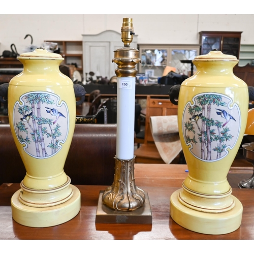 150 - A gilt metal table lamp with opaque glass pillar top, 51 cm high to/w two yellow-glazed pottery tabl... 