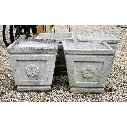 17 - Four weathered cast stone square tapering planters, each 36 cm x 36 cm x 36 cm h (4)