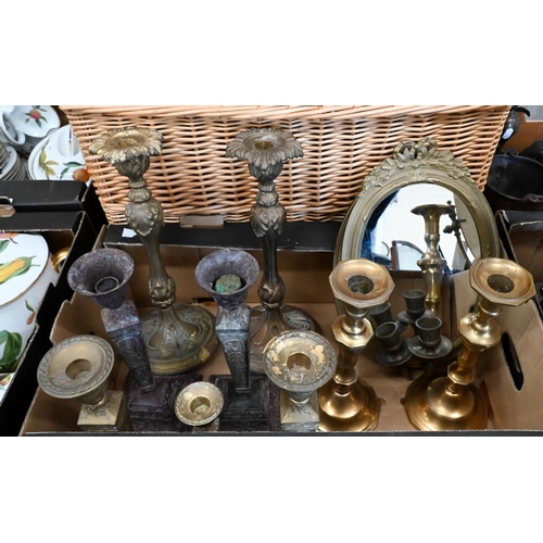 178 - Four pairs of metal candlesticks, a girandole mirror, pair of cast iron urns, 'Peacock' fruit bowl, ... 