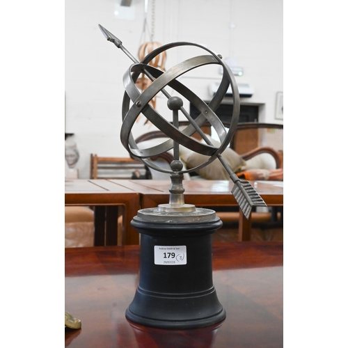 179 - A modern brass Armillary sundial, 15 cm diameter, to/w a counter-bell on a bracket and a brass desk-... 