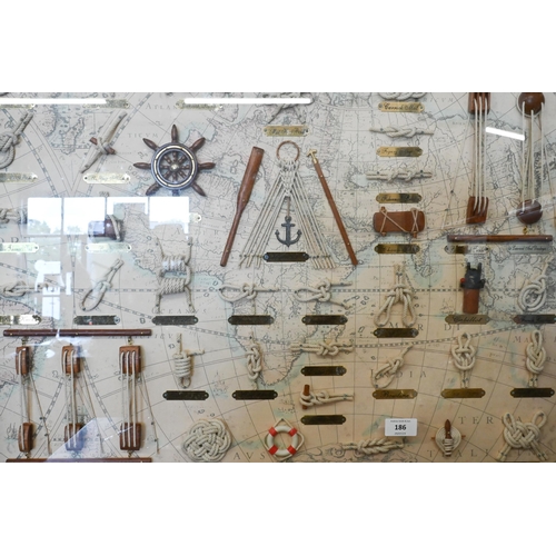 186 - A framed display of maritime knots and tackle