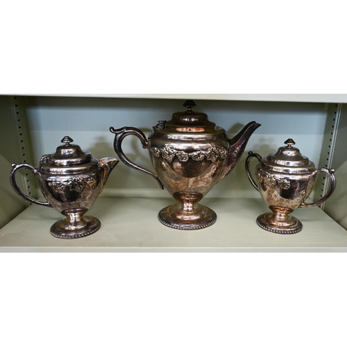 191 - A Piquot ware aluminium four-piece tea service on tray, to/w an EPNS three-piece tea service