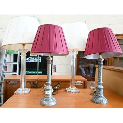 192 - A pair of glass classical column table lamps, to/w two other marbled table lamps (4)