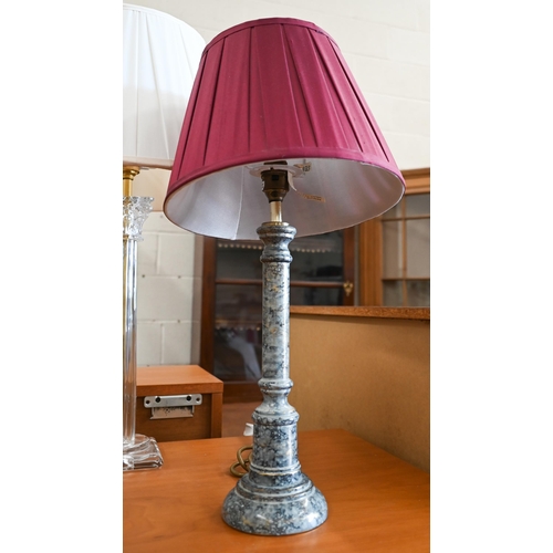 192 - A pair of glass classical column table lamps, to/w two other marbled table lamps (4)