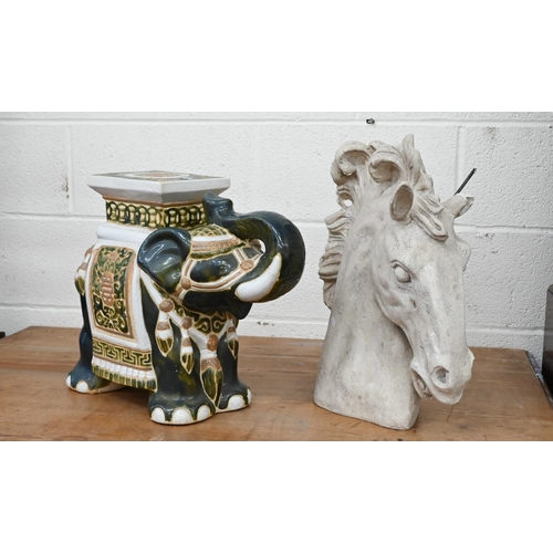 206 - A pottery elephant stool/plant stand, 39 cm high, to/w a cast composite horse's head sculpture (2)