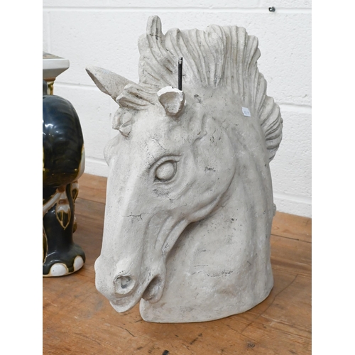 206 - A pottery elephant stool/plant stand, 39 cm high, to/w a cast composite horse's head sculpture (2)