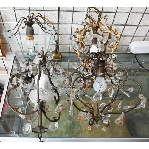 215 - Four ceiling lights, three with lustre drops and one with glass panels (4)