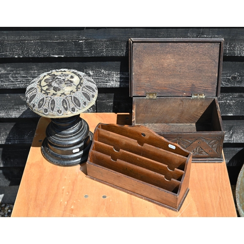 230 - A Victorian beaded stool on turned base to/w a stationery rack and a carved oak box (3)